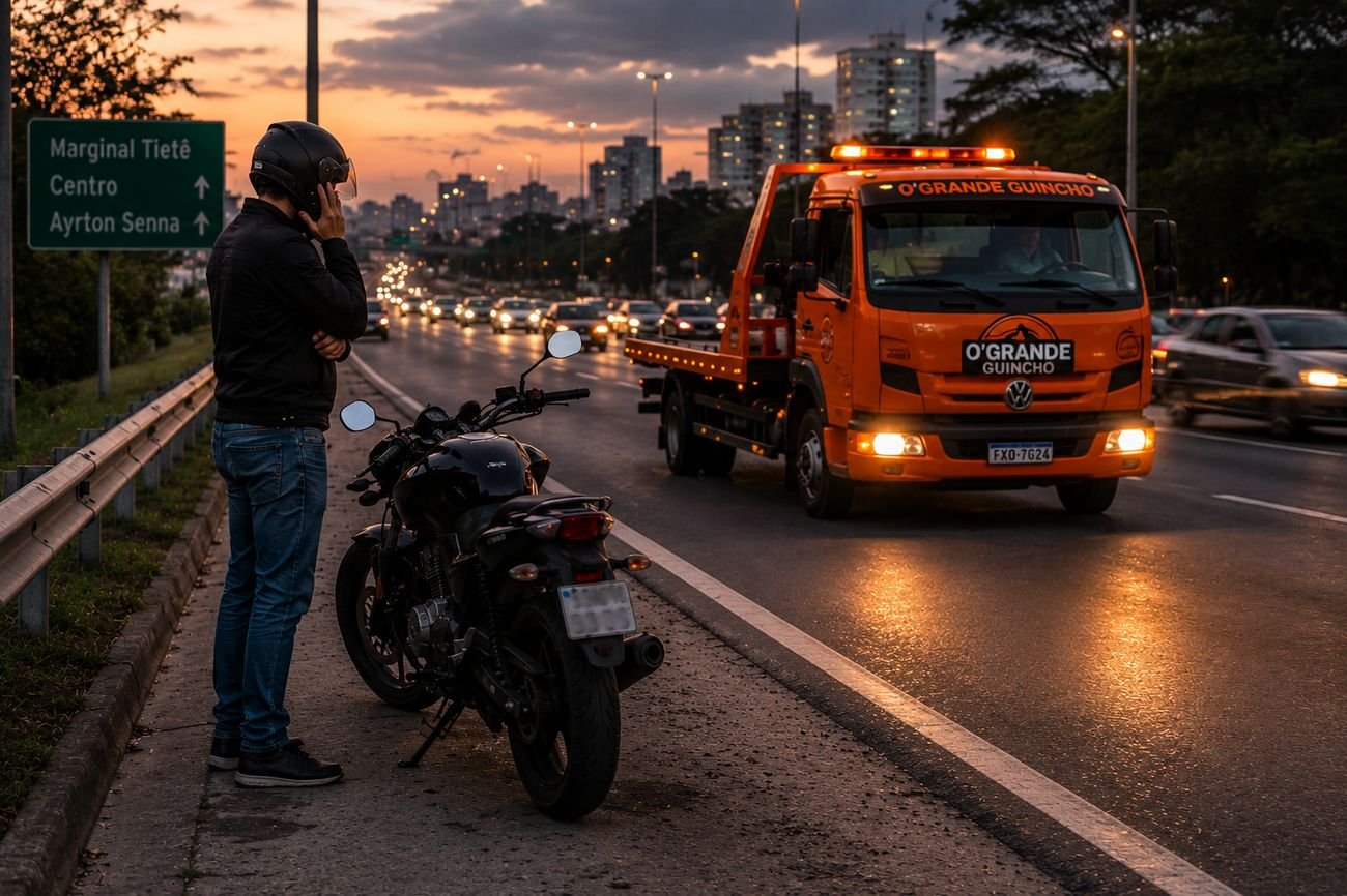 Caminhão guincho atendendo veículo parado em via expressa de São Paulo ao entardecer